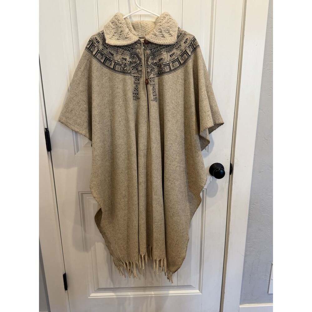 Beige Poncho Cape Aran Fisherman Collar Tribal Print Fringe Boho